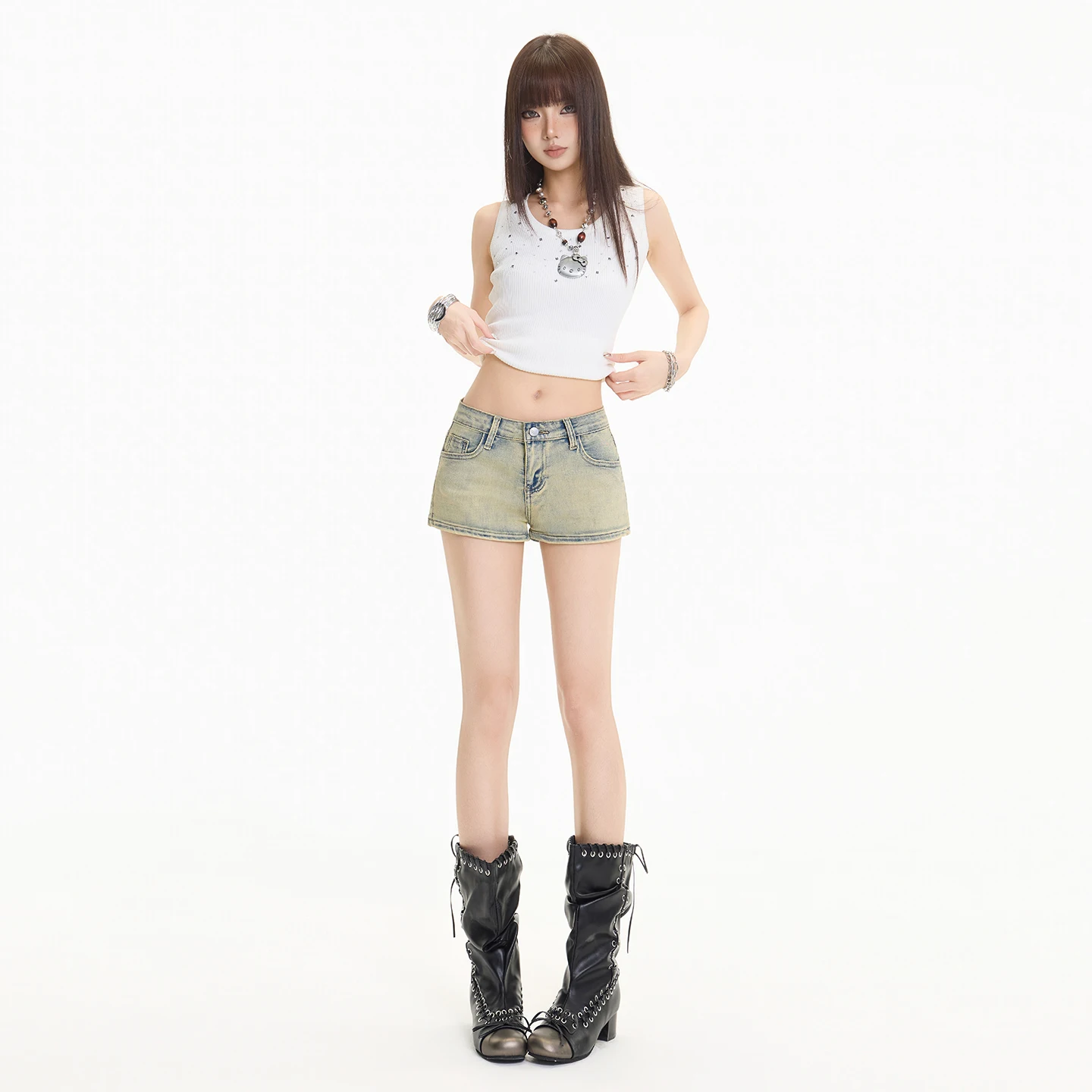 2026 Summer Brand American Retro Blue Ladies Slim Low Waist Slim Stretch Denim Shorts Fashionable Hot Girls Hip Cover Jeans - view 5