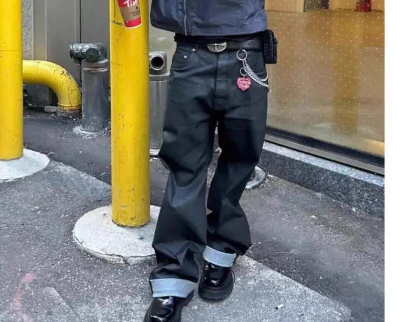 Nuevo Rick bolsillo con cremallera encerado deconstruido pantalones vaqueros ajustados pantalones vaqueros de algodón pantalones vaqueros casuales cómodos talla S M L XL # E51