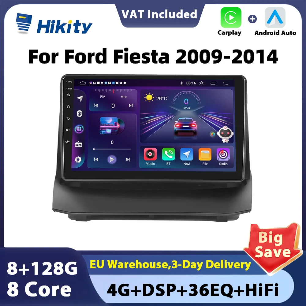 Hikity Android 2 din Car Multimedia Player For Ford Fiesta 2009 2010 2012 2013 2014 Carplay Android Auto Stereo Radio GPS DSP