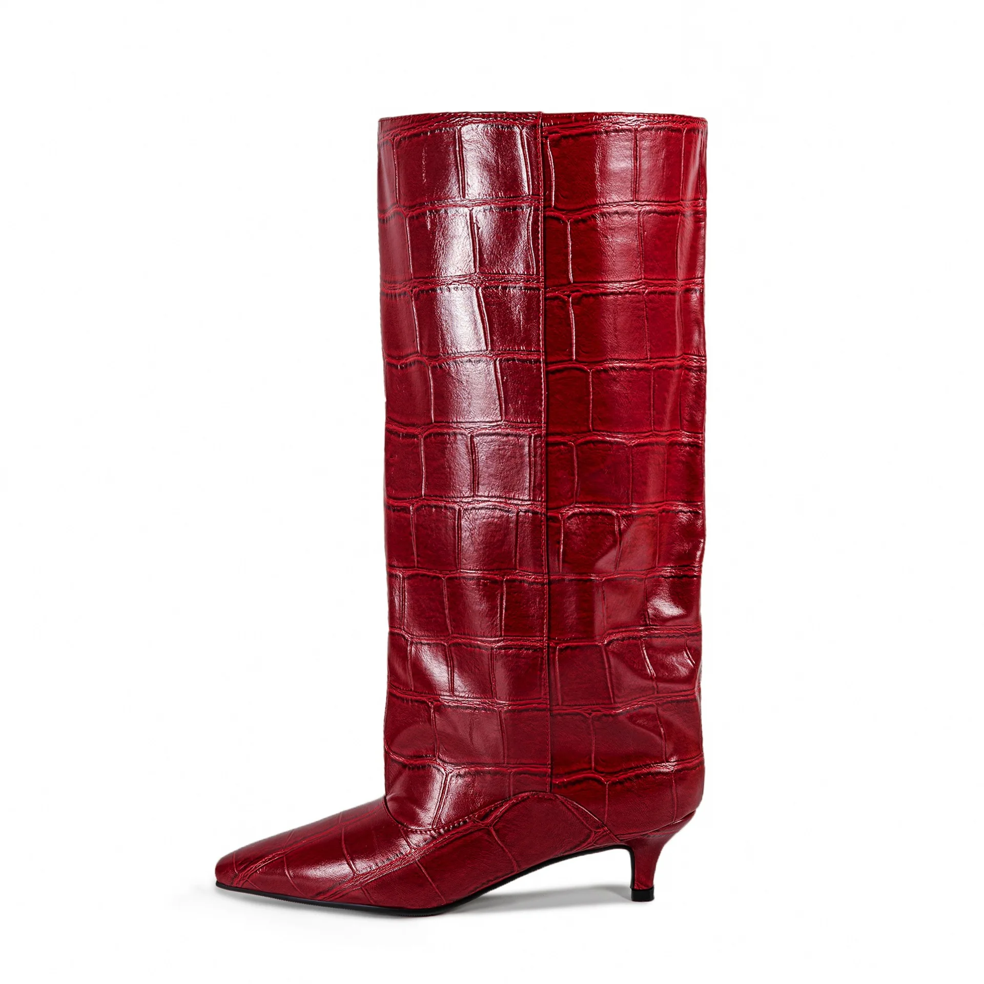 

Women's Crocodile Embossed Knee-High Boots Square Toe Kitten Heel Dress Boots Glossy Finish Perfect for Evening Parties Date