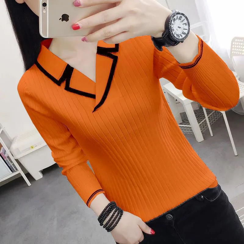 Women\'s Korean Elegant V-neck Slim Contrast Color Knitted Sweaters Autumn Winter Long Sleeve Pullovers Basic Ladies Tops Jumpers