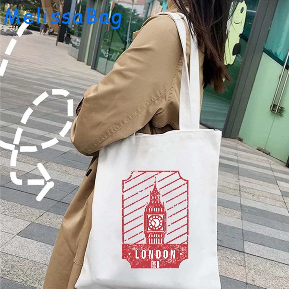 Vintage Big Ben Clock London Bus United Kingdom UK Flag Skyline Landmarks England Lover Gifts Canvas Shoulder Totes Bag Handbag