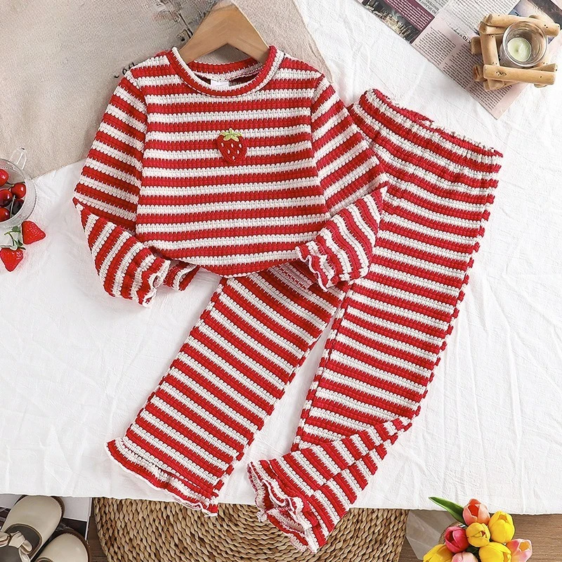 4-7 Years Girls Striped 2Pcs Outfit Strawberry Embroidery Long Sleeve Top Ruffle Flare Pants Spring Autumn Kids Clothes Set