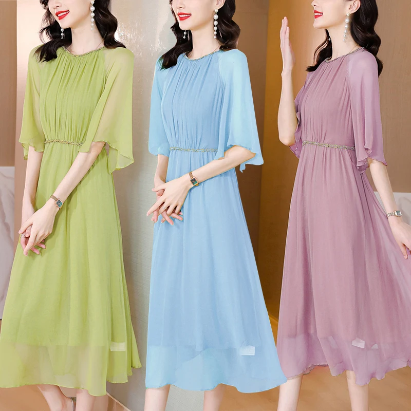 Silk Dress Women's Summer 2023 New Style O-Neck Short Sleeve Skirt Silk Belt Waist Slim Solid Color Knee Length Dress