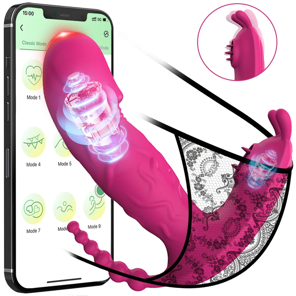 Aplikasi Vibrator kontrol nirkabel untuk wanita dapat dipakai 3 in 1 Dildo G Spot Stimulator klitoris vagina pemijat Anal mainan seks untuk dewasa