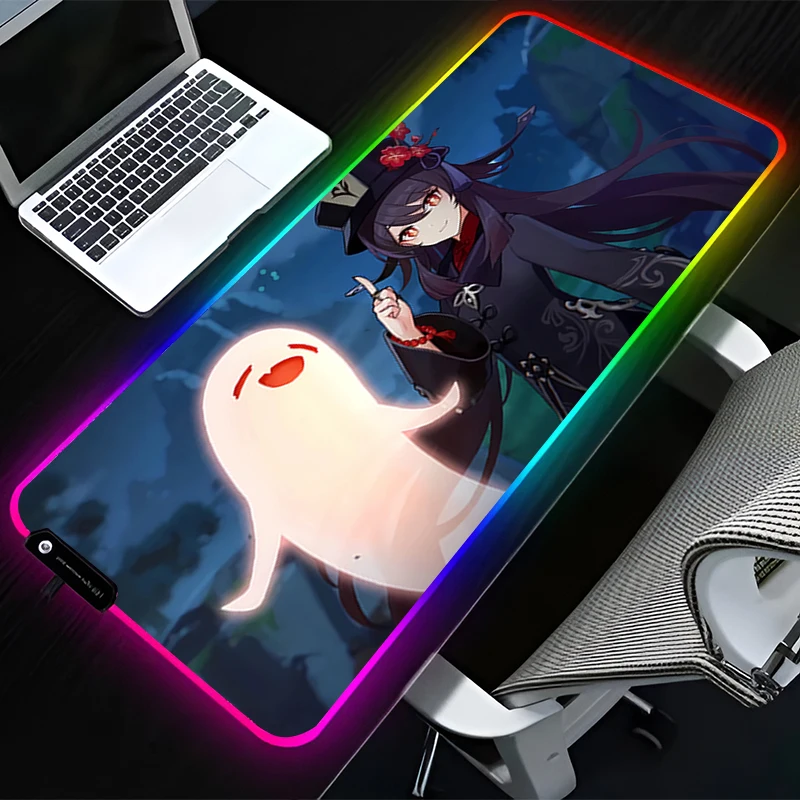 RGB LED Mouse Pad HD Rubber Mousepad Computer Gaming Accessories Keyboard Pad G-genshin Impact Hu Tao Office Non Slip Mouse Mat