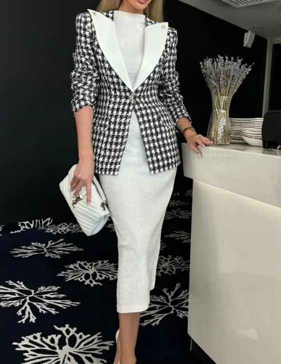 Elegant Houndstooth Print Blazer In Autumn Women Notched Collar Single Breasted Flap Detail Jacket Casual Colorblock Tweed Coat