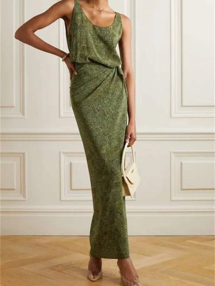 Women's Green Printed Silk Vest Long Dress Summer New Female Sleeveless Backless Dresses