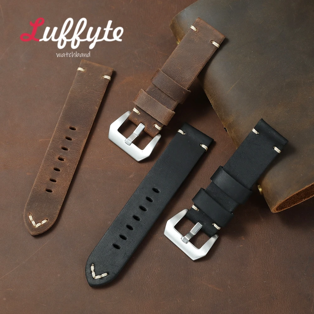 Retro Crazy Horse Leather Strap 20mm 22mm 24mm Ultra Thick Hand Stitching Watch Band Men's Casual Wristband