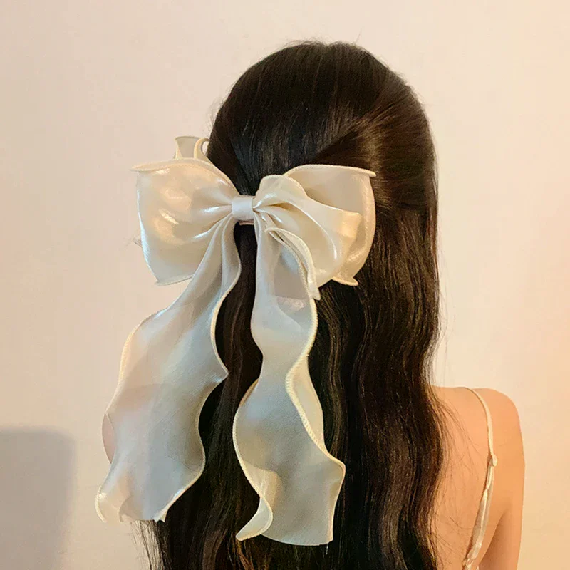 /HTF/Cute Korean Sweet Ribbon Bow Hair Clips For Girls Shining Satin Bowknot Hair Clips Barrette Hairpin Ponytail Clip Headwear