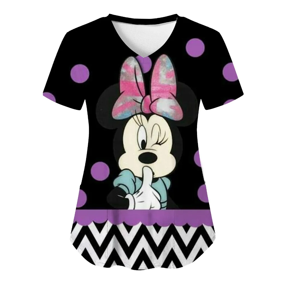 Woman Clothes Nurse Uniform T Shirt Hospital Tops Disney T-shirts Minnie Mouse T-shirt V Neck Top Women 2025 Mickey Pocket Tees