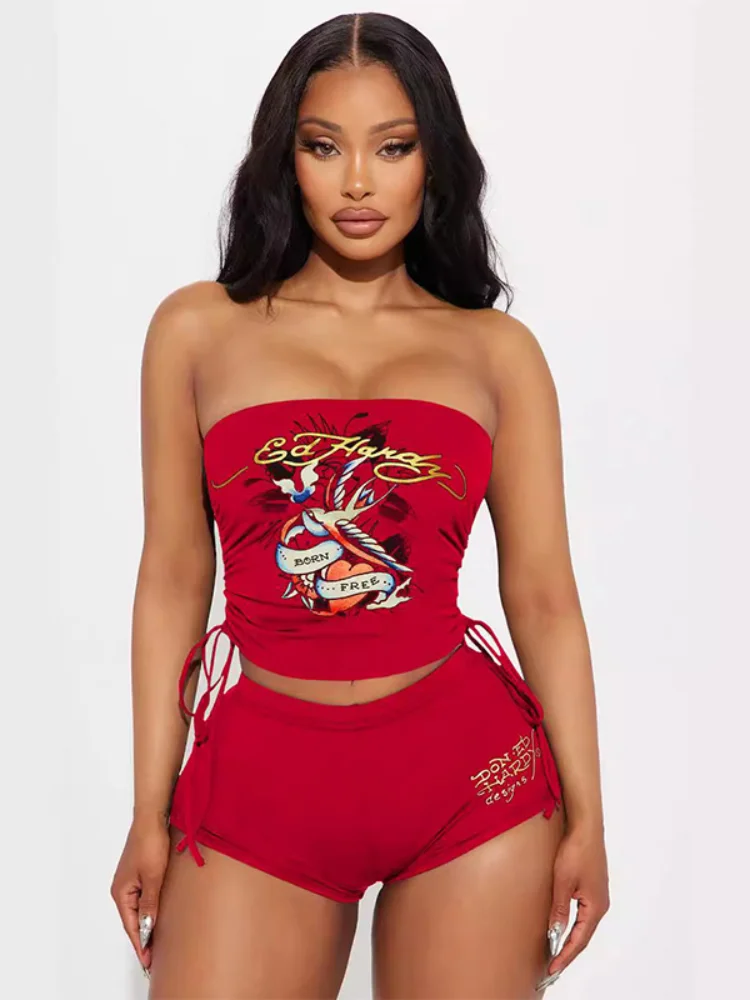 

Casual Print Vest Shorts For Women Slim Fit Strapless Backless Lace Up Vests Low Waist Pants 2025 Summer Fashion Y2k Outfits