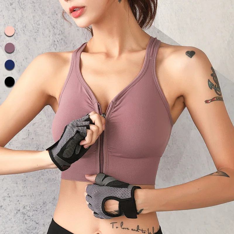 

Professional Sports Bra Front Zippered No Steel Ring Gathering Cup Shockproof Yoga Running Fitness Vest Girls Seamless Underwear