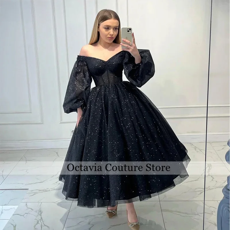 

A Line Black Glitter Prom Gown Off Shoulder Tulle Evening Party Dresses Tea Length Prom Dress Customized Events Dress