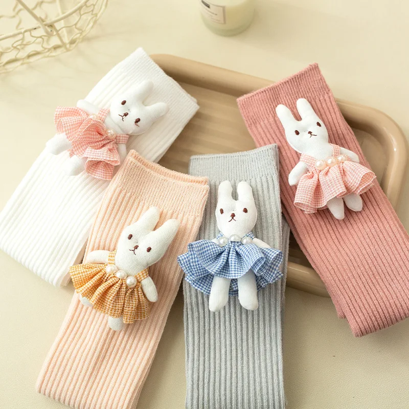 4 Pairs Girls\' Stockings Soft and Comfortable Spring and Autumn Fashion Cartoon Rabbit Sports Baby Knee-high Socks