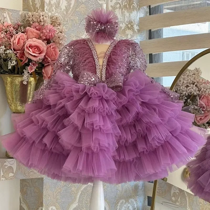 Girls Elegant V-Neck Long Sleeve Princess Dress 2026 New Fashion Kids Wedding Gown Piano Recital Stage Performance Clothing