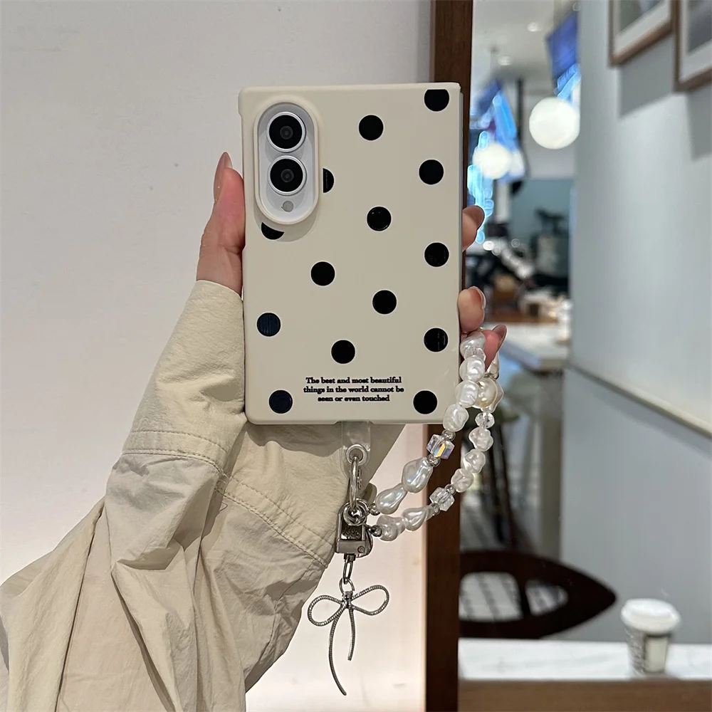 Vintage Black Polka Dot Phone Case For Samsung Galaxy Z Fold 8 Ultra Matte Cream White Hinge Protective Cover With For Women