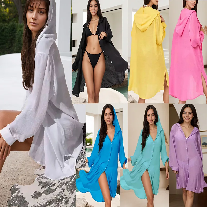 Women's Beach Cover Up Shirt Cardigan Sun Protection Solid Summer Vacation Swimsuit Coverup Button Down Shirt Resort Wear Hooded