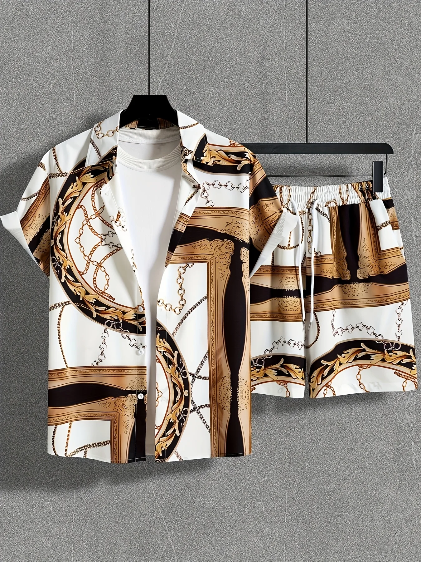 

Новый мужской пляжный комплект из двух предметов, быстросохнущая рубашка с гавайским воротником и шорты, летняя мужская модная повседневная одежда в полоску с принтом