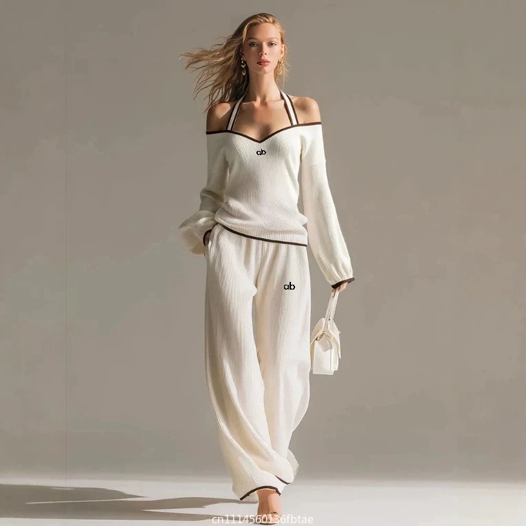 Spring Autumn Women Sexy Off shoulder Long sleeved Tshirt Pocket Trousers Effortless White Two Piece Set Fashion Loose Suit New