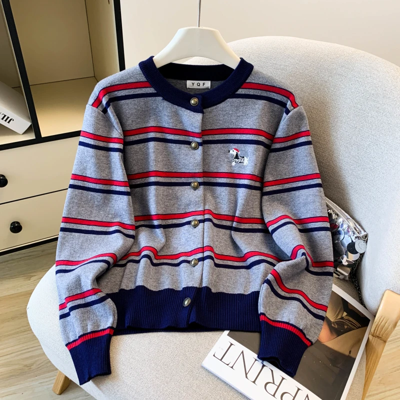 Coreano elegante cardigan camisola feminina 2026 primavera listrado bordado manga longa malhas topos soltos moda senhoras jumpers