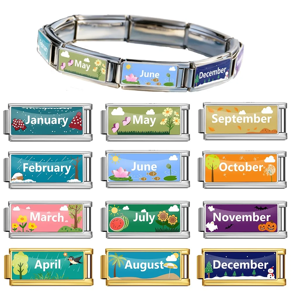 2026 New Original Design Trendy Month Series Italian Link fit 9mm Stainless Steel Bracelet Making Colorful Charm for Jewelry DIY
