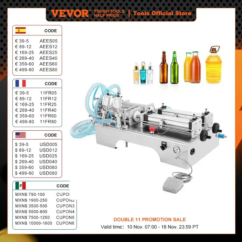 VEVOR 100-1000ML Pneumatic Liquid Filling Machine with Double Nozzles Commercial Automatic Bottle Filler for Oil Cosmetic Drinks