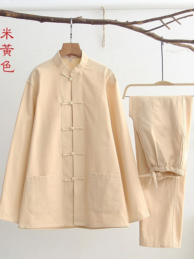 Men's Pure White Rustic Cotton Tang Suit, Dragon Pattern Hanfu Two-Piece Pajama Set for Spring/Autumn Home Wear