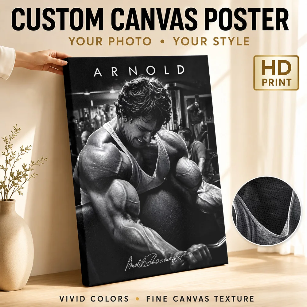 Arnold Schwarzenegger Intense Gym Workout Canvas Print Personalized Photo Monochrome Wall Art For Fitness Studio, Athlete Gift