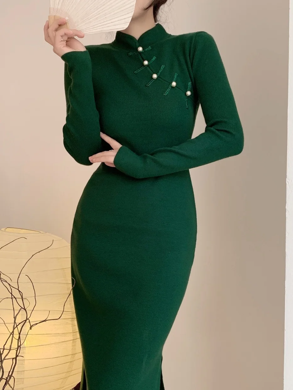 New Chinese Sweater Maxi Long Dress Green Elegant Stand Collar Knitted Slim Dresses Cheongsam Robe Elegant Top C599