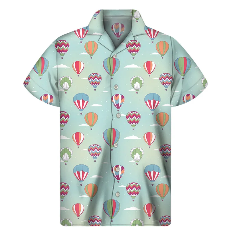 Cartoon Air Balloon 3D Print Hawaiian Shirt Men Summer Cool Lapel Shirts Fashion Short Sleeve Tops Oversized Button Blouse