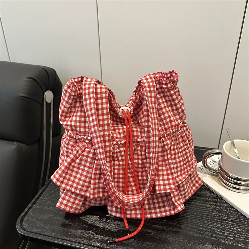 Cute Plaid Canvas Tote Bag Women's Large Capaci Faionable Buet Sle Oulder Bag Korean Sle Pure E-commerce Ss