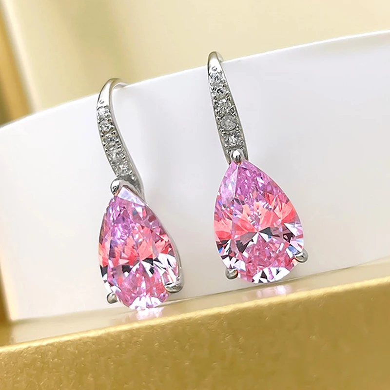 Huitan Waterdrop Cubic Zirconia Earrings for Women Luxury Pink/Yellow CZ Dangle Earrings Temperament Female Wedding Jewelry Gift