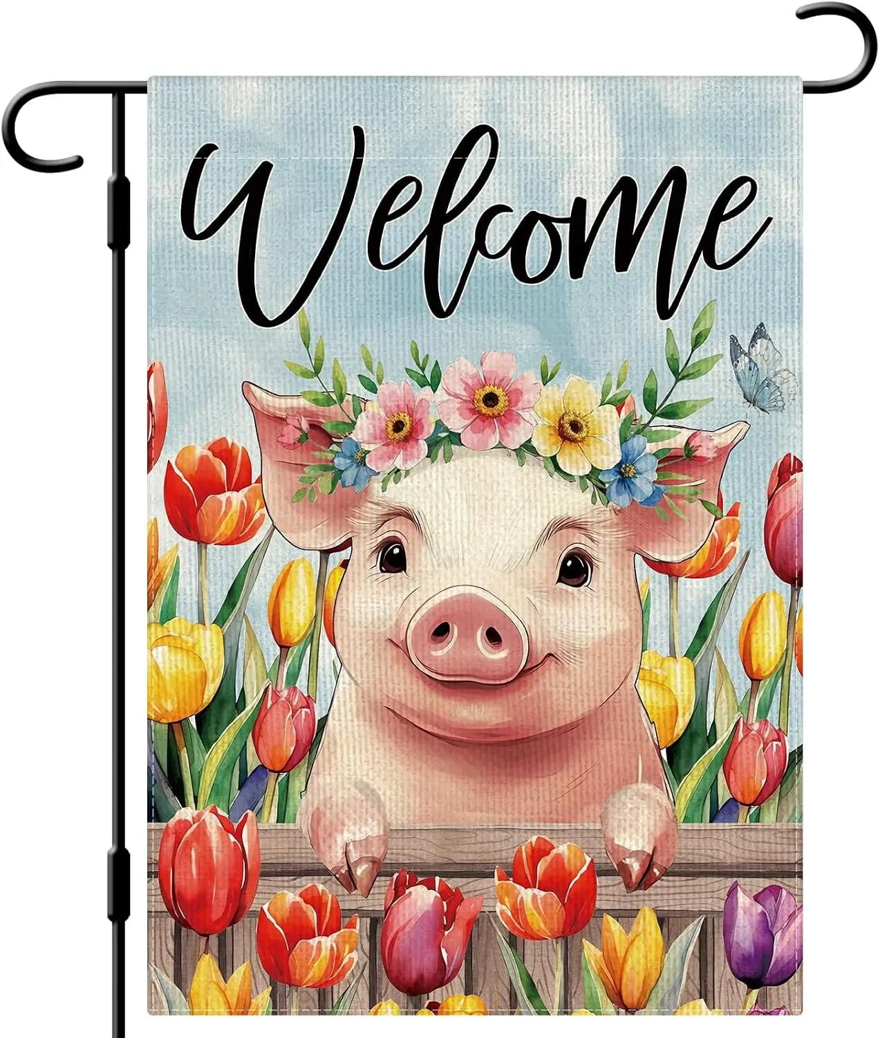 DLZDN Welcome Spring Pig Floral Garden Flag 12×18 Inch Double Side Vertical Burlap Farmhouse Yard Sign Seasonal Outdoor Deco PPZ