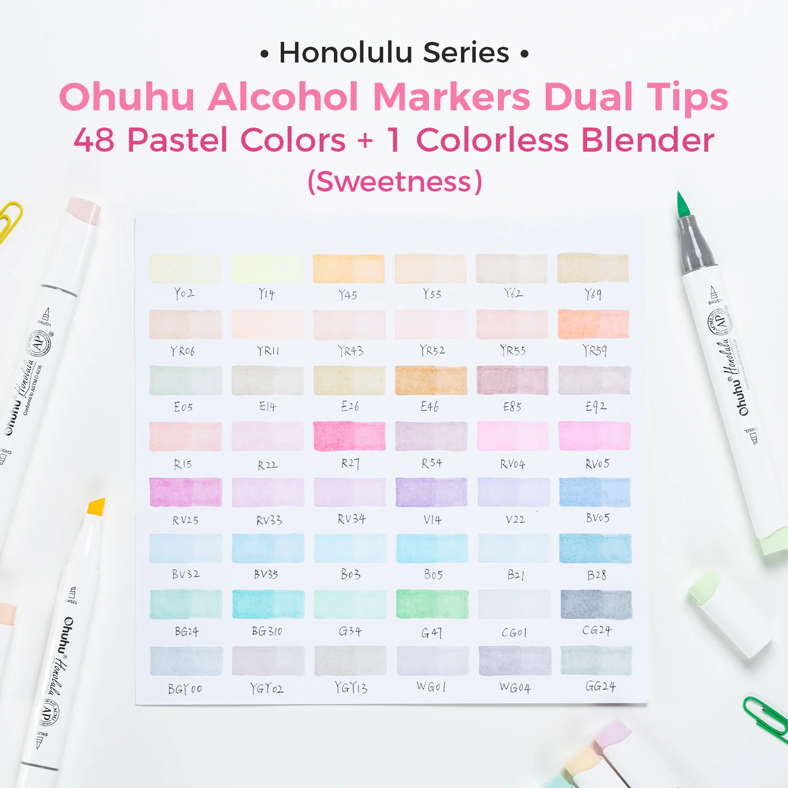 Ohuhu Honolulu 48 Pastel Colors Marker Pen Set Alcohol Art Markers Refillable Dual Tips Sketching Drawing School Art Supplies