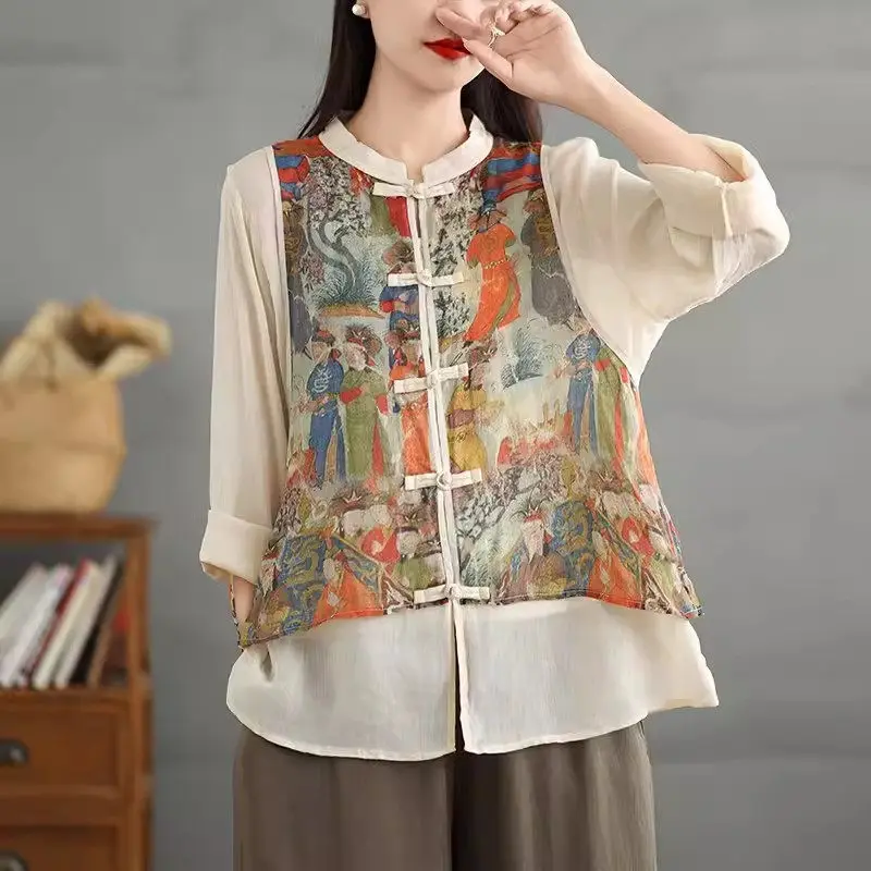 Camisa de colete de duas peças retrô estilo chinês feminino, top emendado estampado, novo senso de design, primavera e outono, K2381