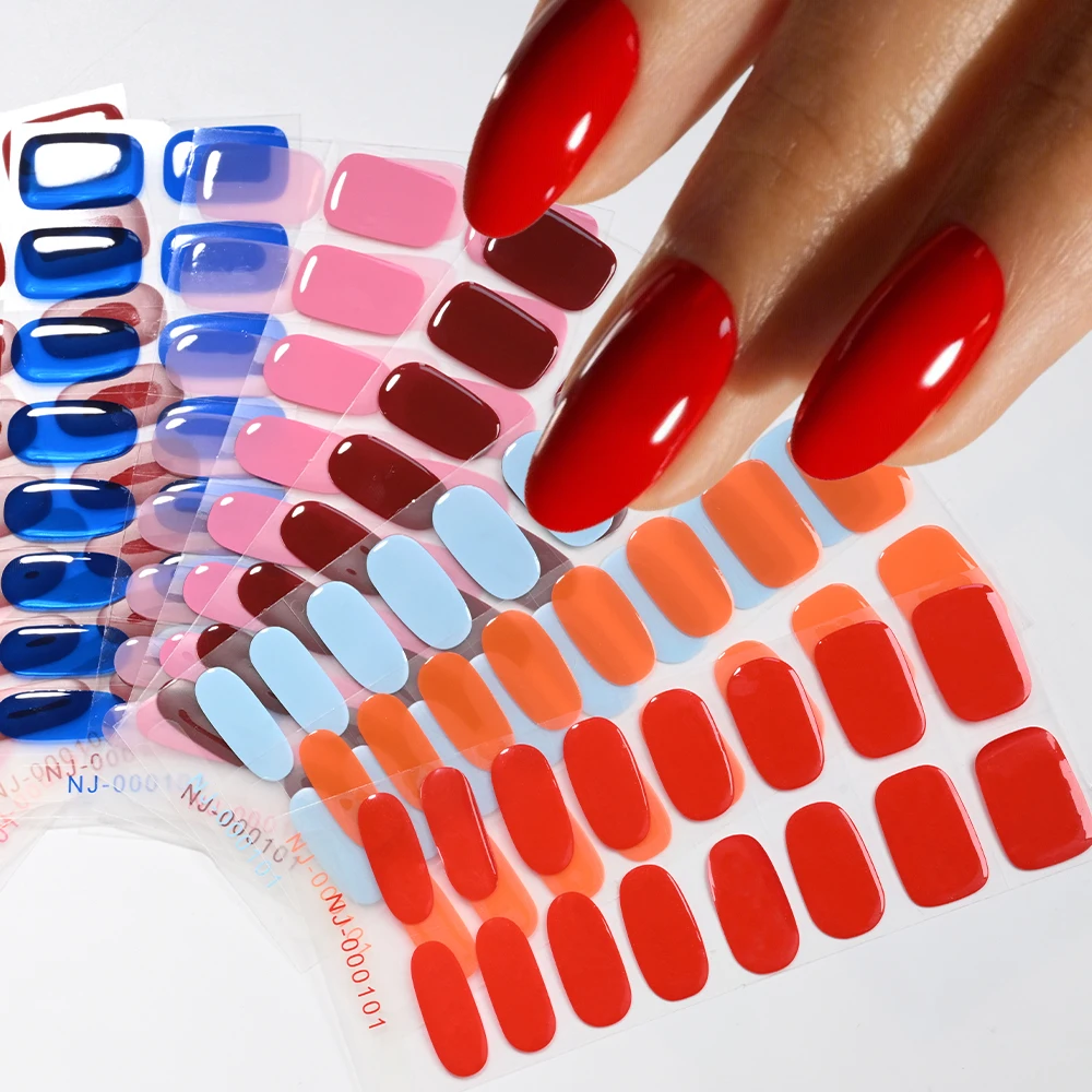 16Tips Simple Solid Color Long-Lasting Full Cover Gel Nail Wraps Semi-Cured Gel Nail Strips Nail Stickers for Dating Daily Use *
