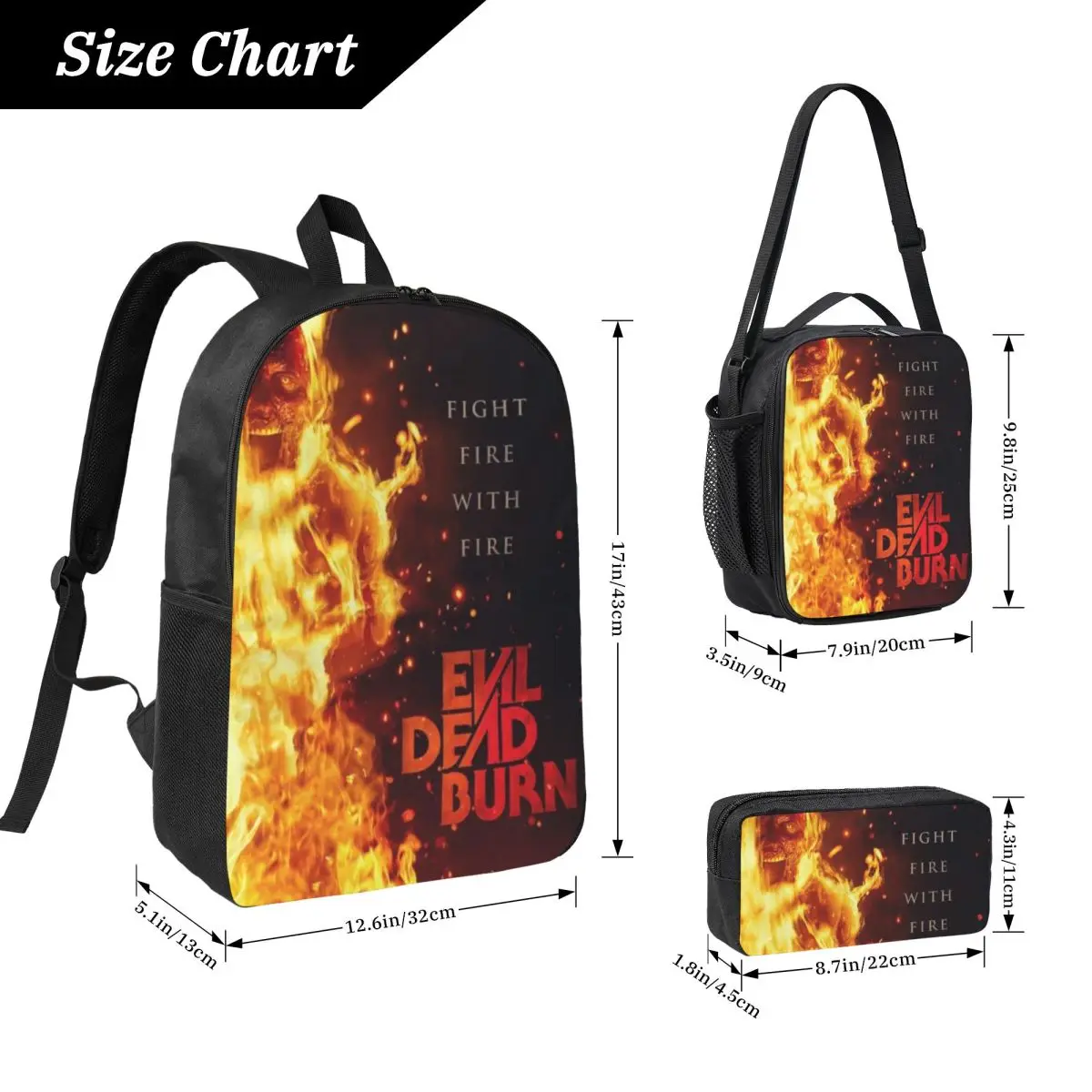 3Pcs Evil Dead Burn School bags Set for Girls Boys Pen Bags Backpack Sets with Lunch Box For School Students Daypack
