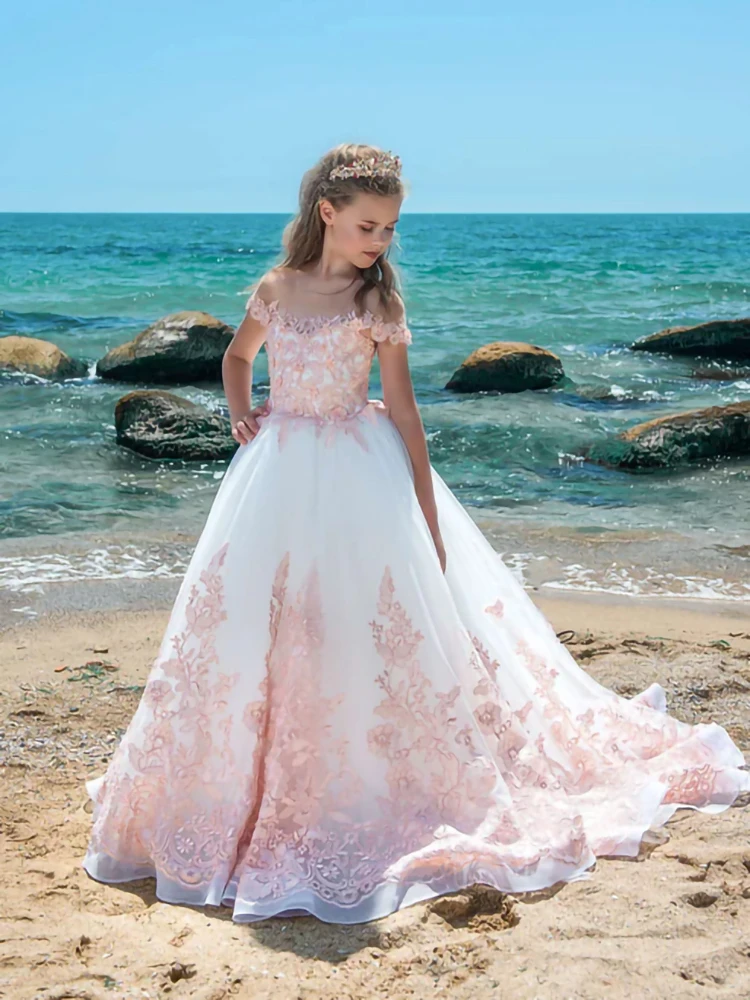 

white luxury Flower Girl dress tulle appliques tailing long skirt Can custom color kids formal occasion wedding gala ball gown