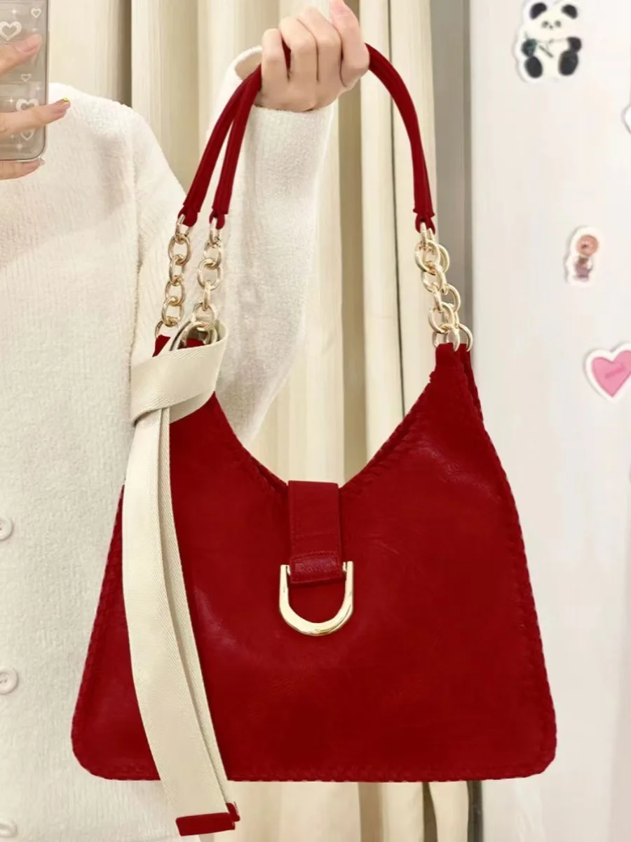 Vintage Red Large Capacity Tote Bag Elegant Women\'s Exquisite Lock Buckle PU Underarm Bags Simple Versatile Ladies Handbag Trend