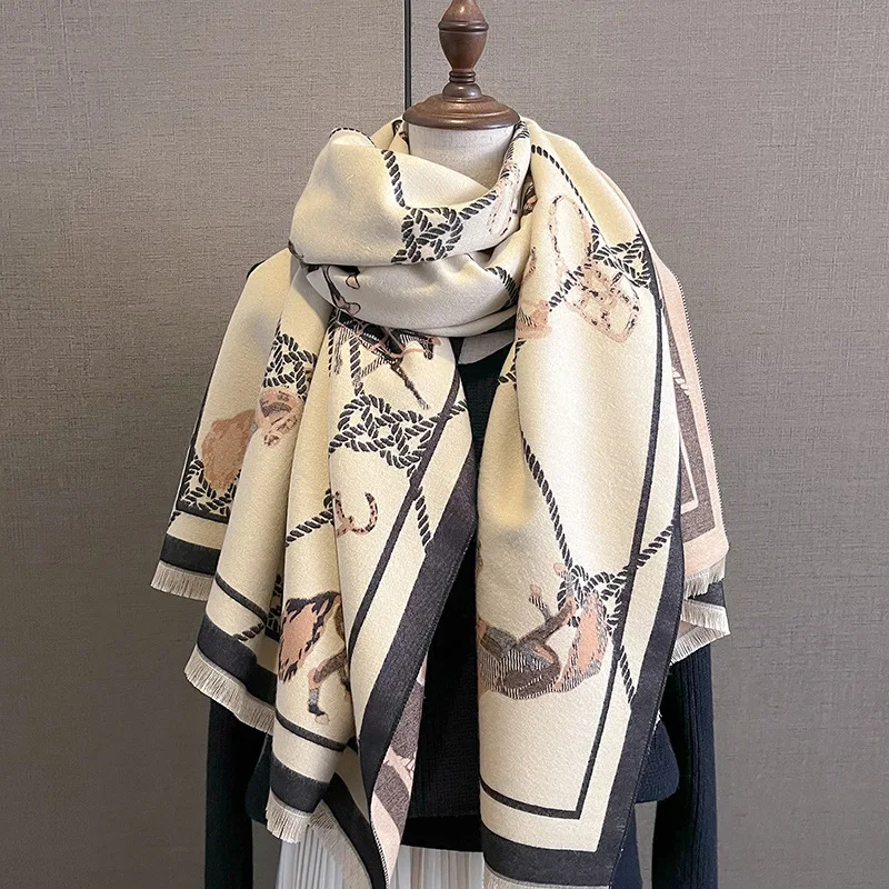 2023 Winter Cashmere Scarf Abstract Flower Tassel Blanket Thick Women Pashmina Design Warm Shawl Wrap Neckerchief  Poncho Stoles