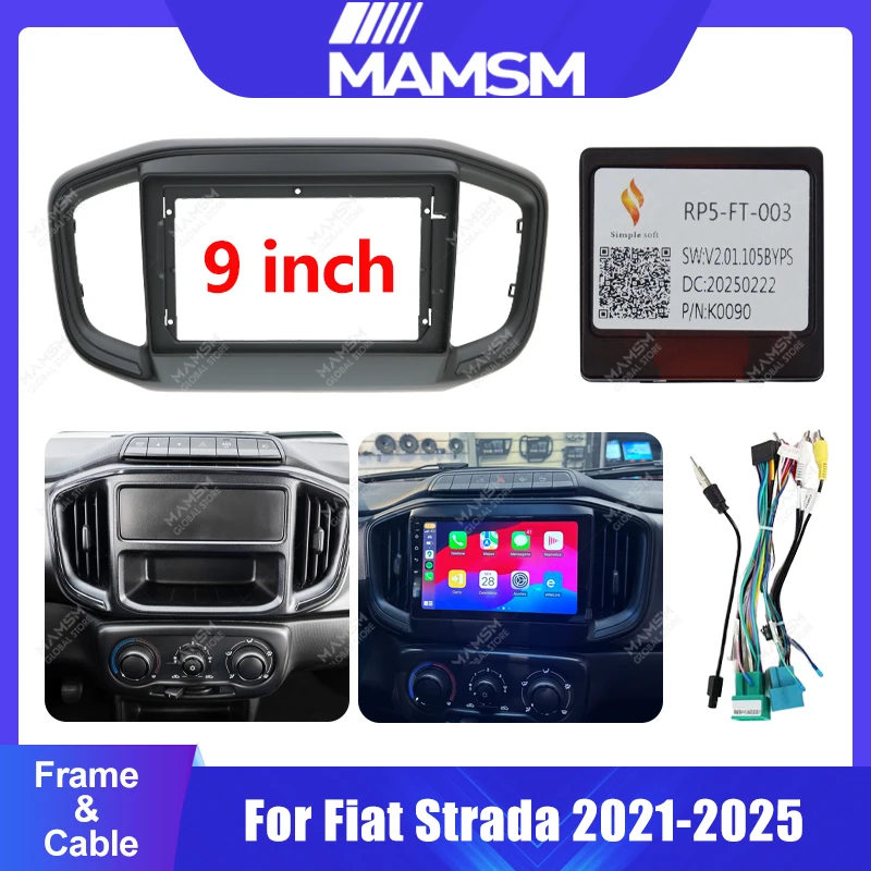 MAMSM For Fiat Strada 2021-2025 9 inch Matt black Car Radio Fascias Frame Stereo Panel Harness Wiring Power Cord Adapter Canbus.