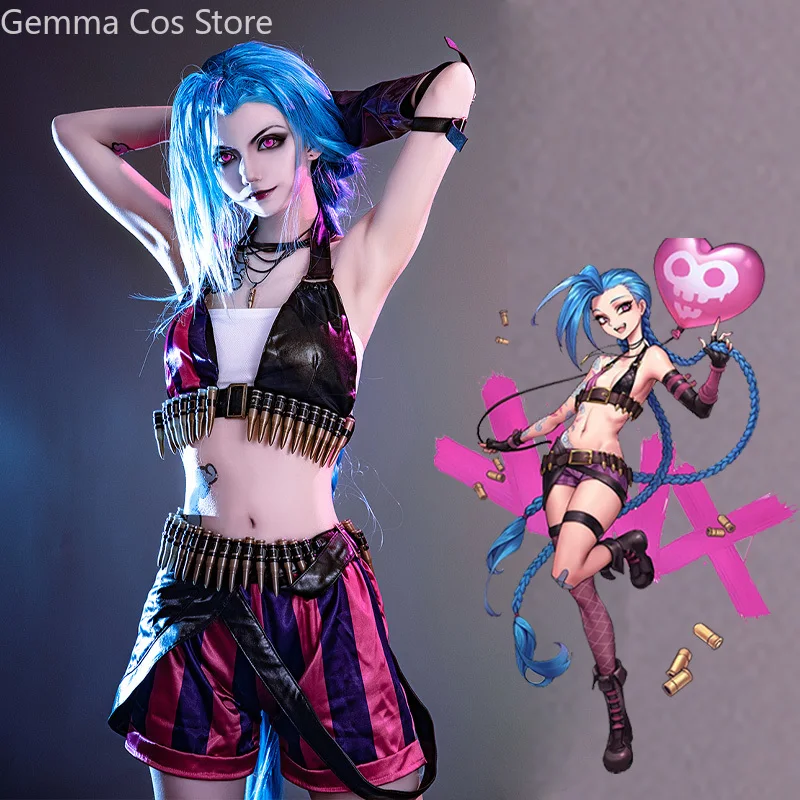 

Jinx Cosplay Costume Anime Game LoL Women Tube Top Stocking Gloves Outfits Halloween Party Clothes For Ladies Role Play Fashion