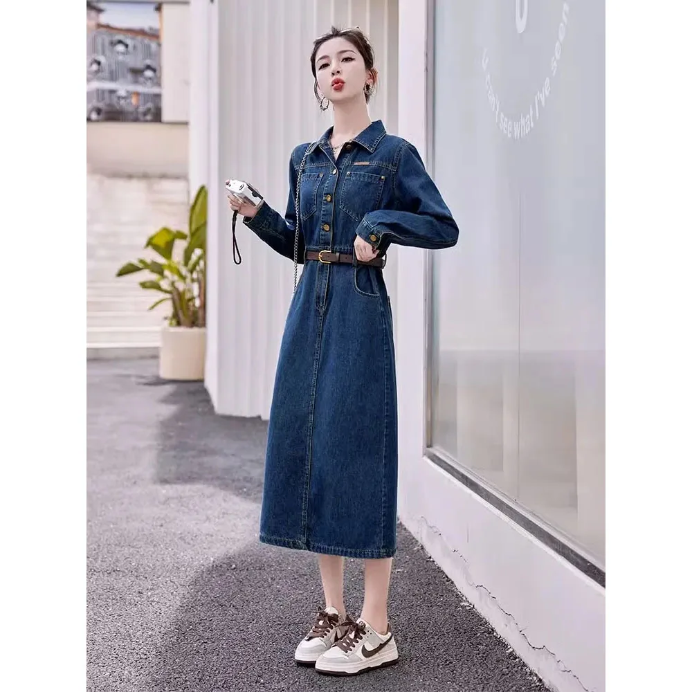 knee length dresses for ladies Wrangler Women's Western Snap Long-Sleeve Denim Dress, Mid Denim main image 1