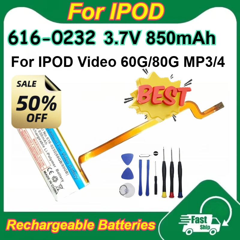 

616-0232 3.7V 850mAh Lithium-ion Polymer Battery for IPOD Video 60G/80G MP3/4 Rechargeable Batteries with Tools