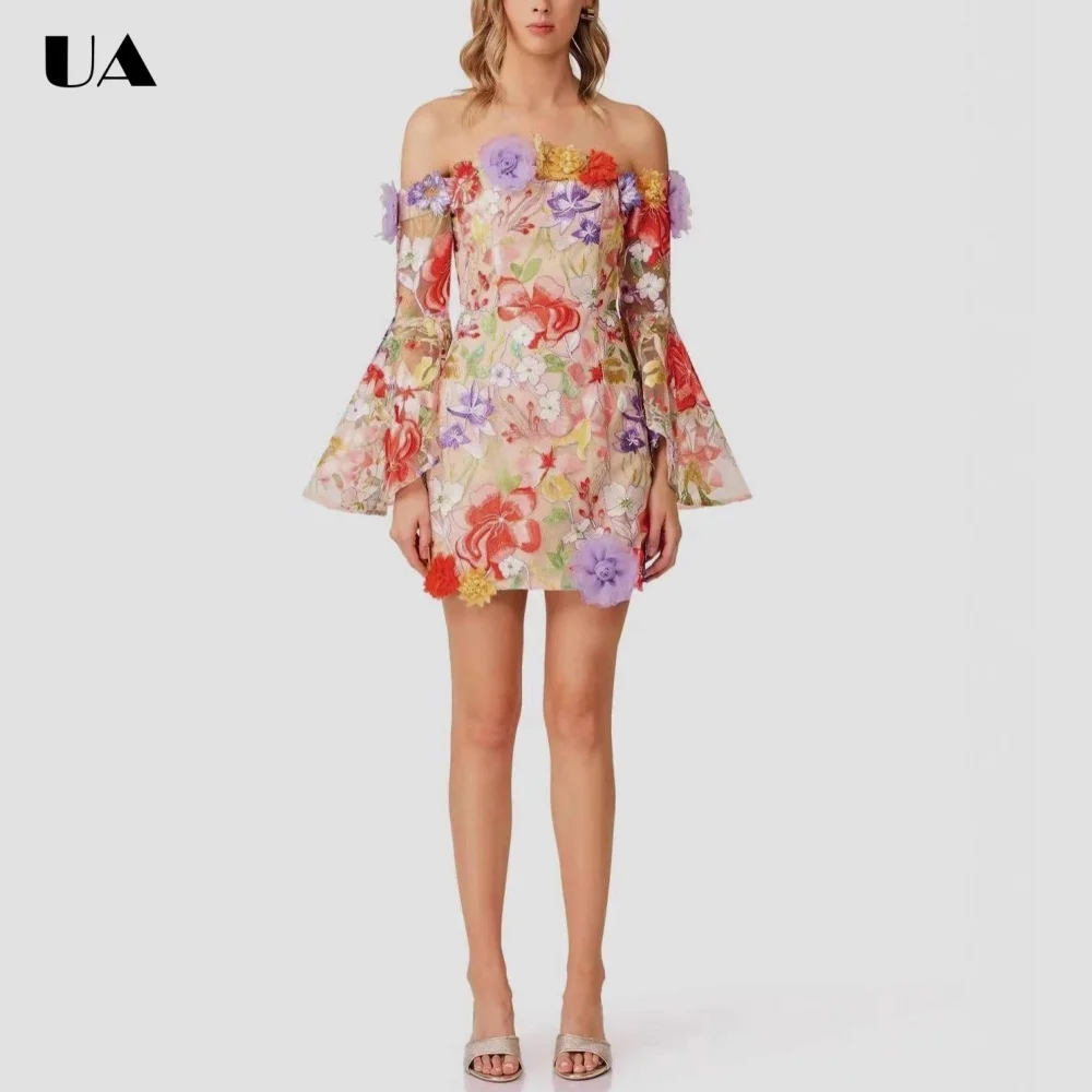 

Summer New Off-the-shoulder 3D Flower Mini Dress, Trendy Long Sleeve Short Dresses for Women, Fashionable Cocktail Party Dress