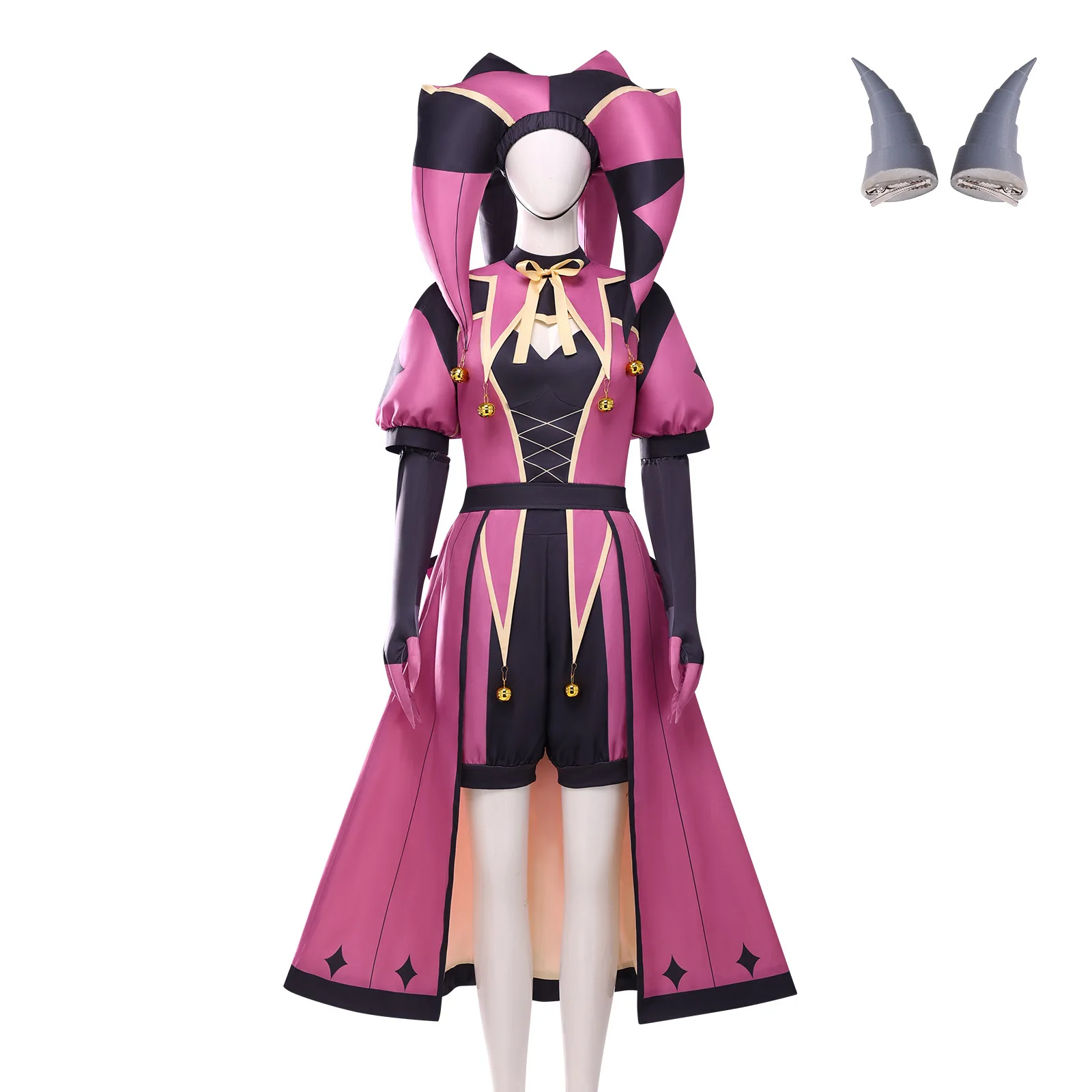 Women Freak Circus Columbina Pink Clown Cosplay Costume, Yandere Horror Scary Halloween Outfit, Circus Ticket Print Themed Suit view 4