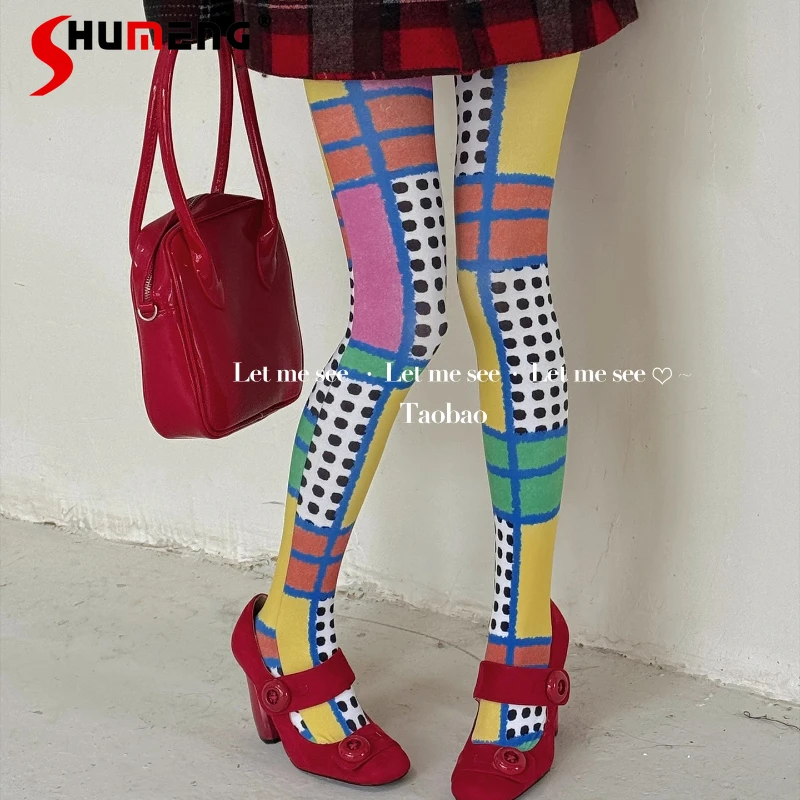 

Original Design Color-Block Plaid Print Pantyhose Millennium Y2K Fashionable Polka Dot Tights Women's Socks Kawaii Cute Hosiery
