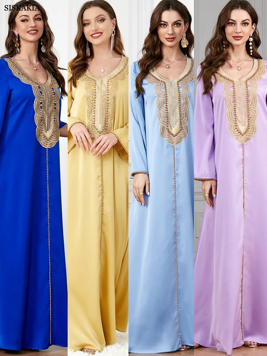 Siskakia Women\'s Galabiyat Fashion Solid Beading Full Sleeve V-Neck Elegant Casual Muslim Moroccan Female Long Dress