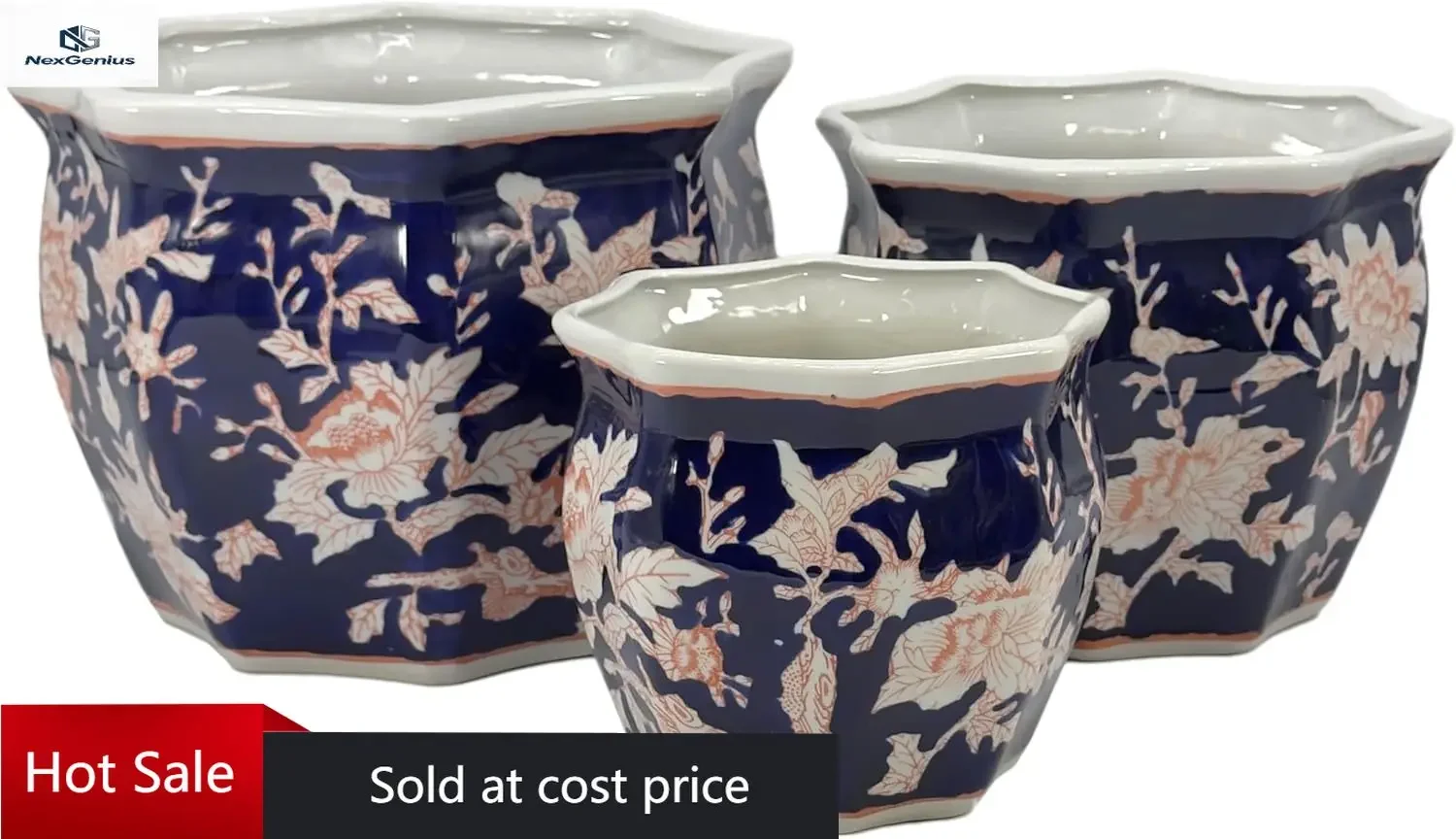 

Galt International Blue & Pink Round Fluted Floral Porcelain Ceramic Plant Flower Planter Pot Set of 3 (7.5", 10", 13") Garden P